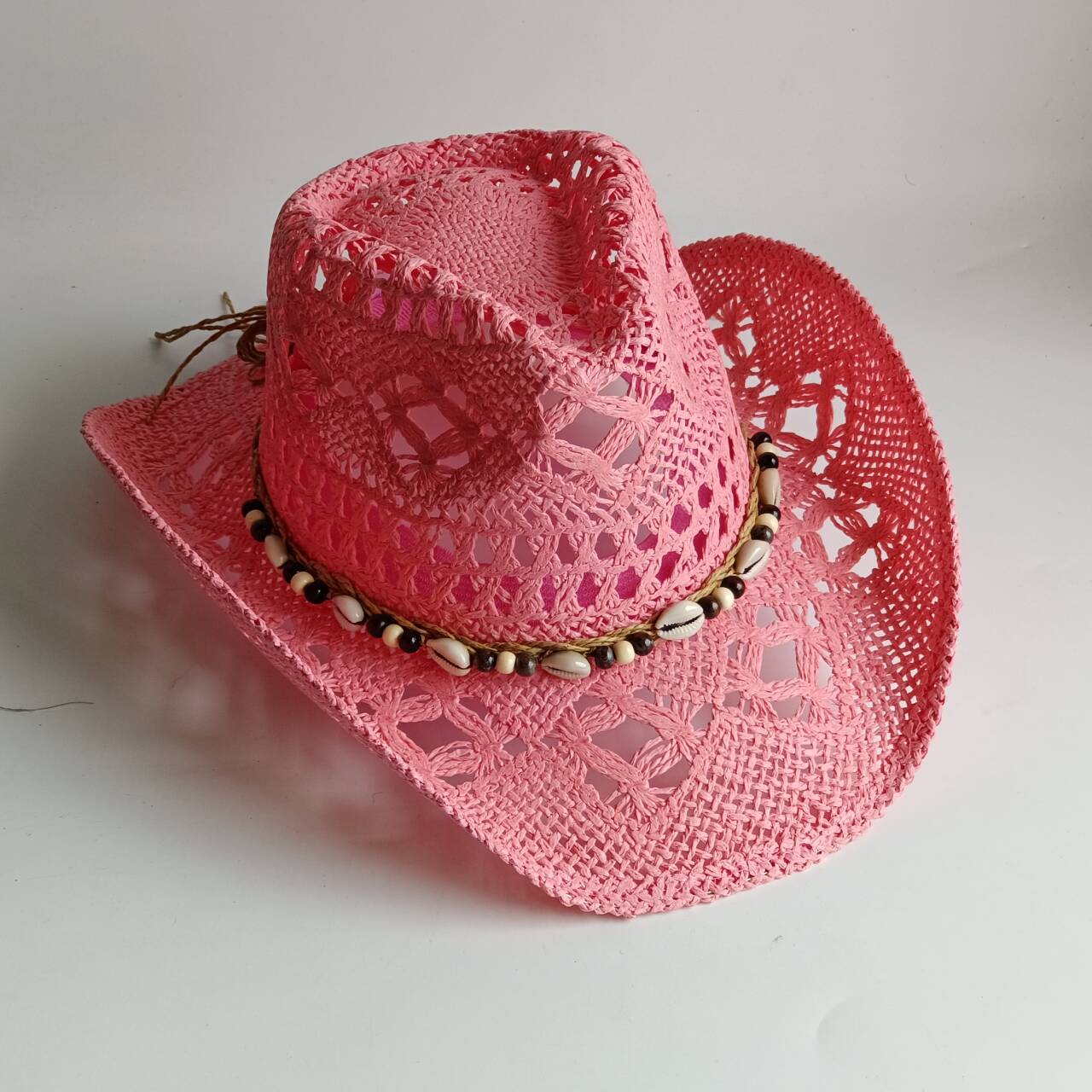 Paper Straw Color - Chapéu de palha rosa estilo cowboy,